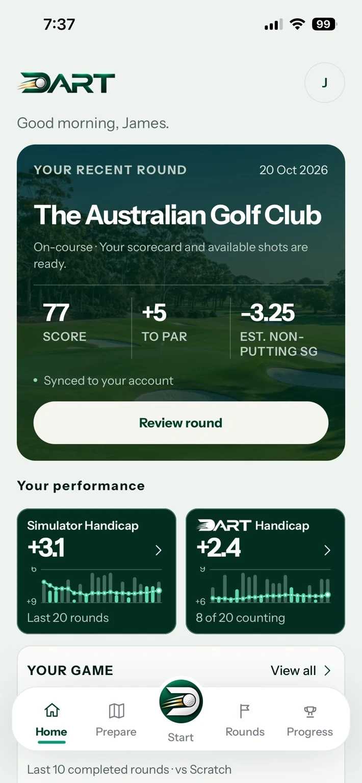 DART’s current iPhone home screen, with a recent round and handicap progress