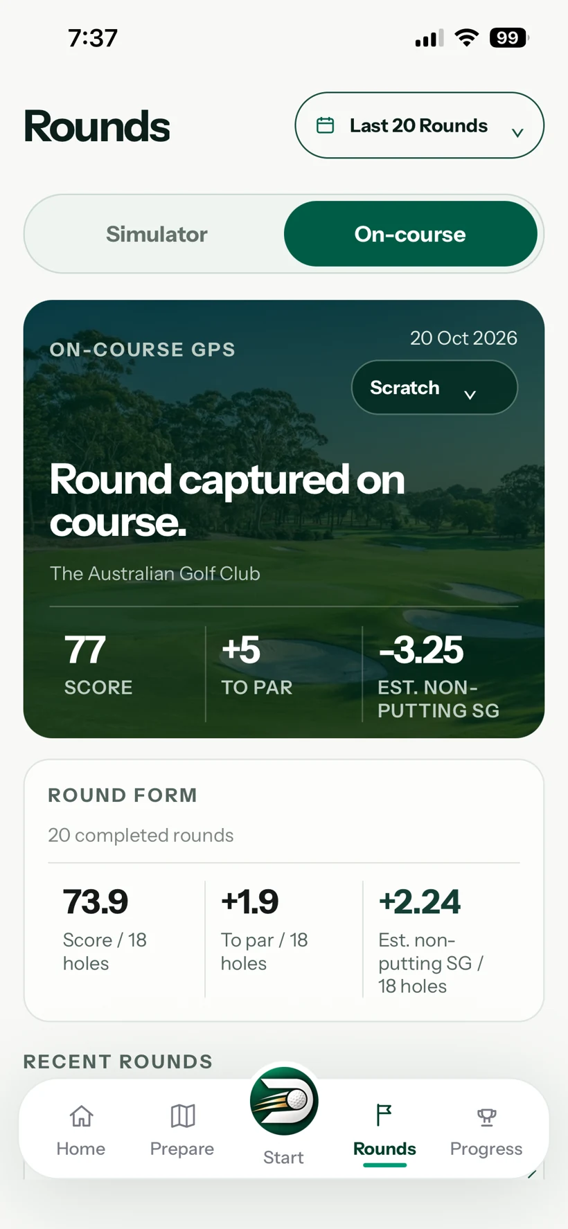 The current DART rounds screen showing an on-course round and recent form